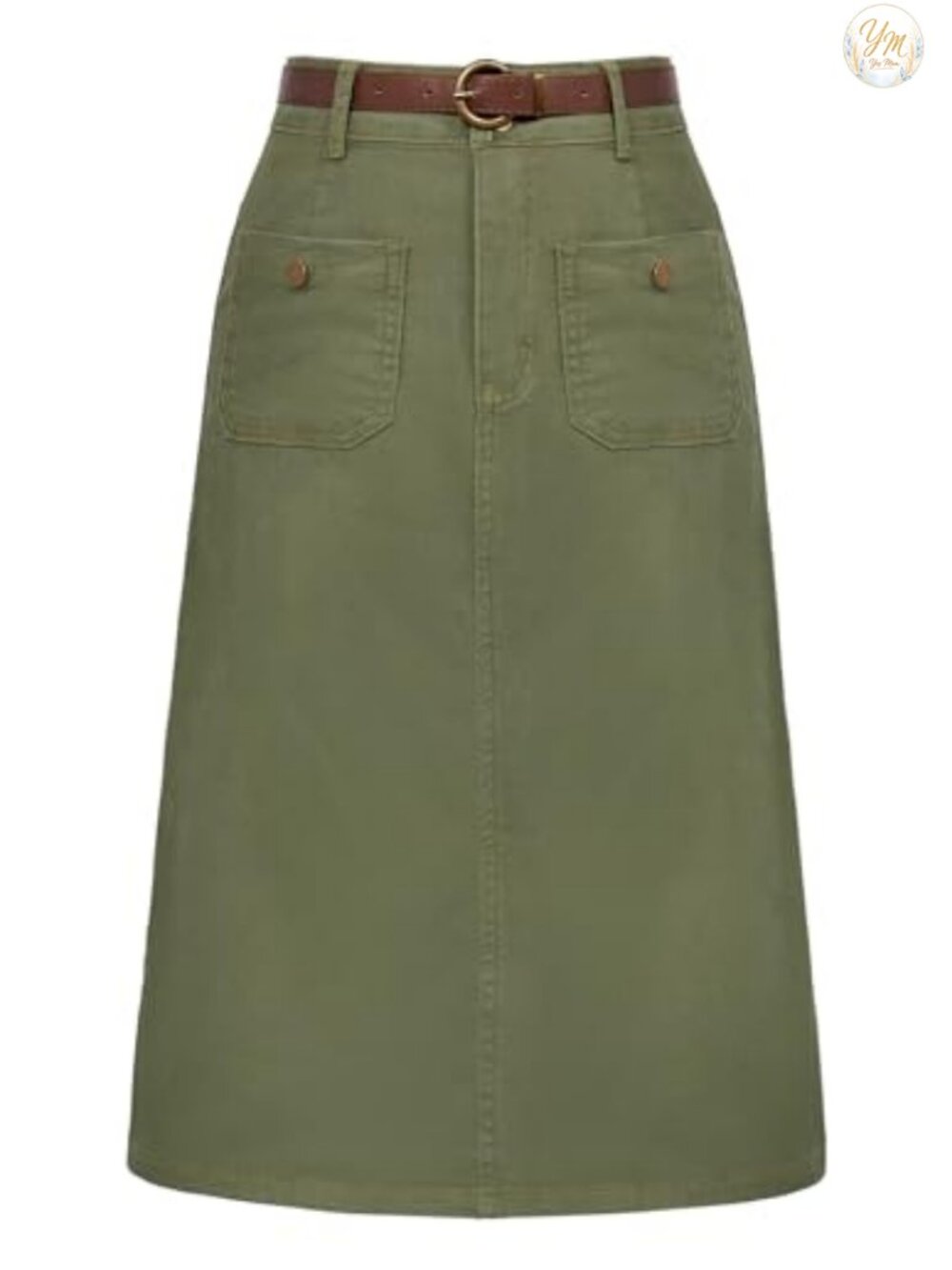 Belle Poque Denim Skirt with Belt Below Knee High Waisted Jean Skirt